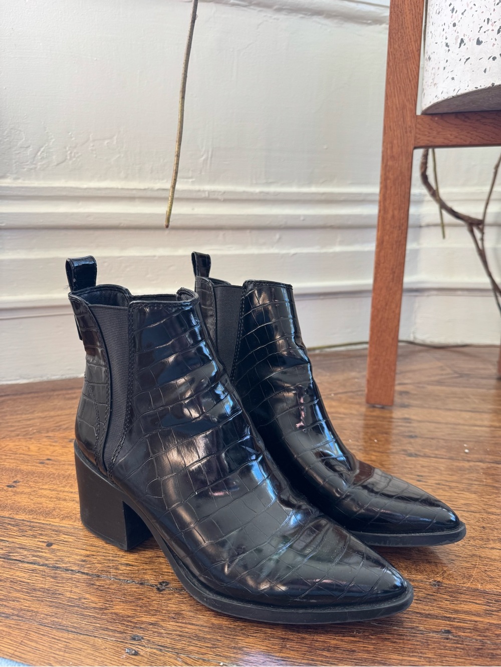 Steve Madden Audience Black Croc-Embossed Pointed Toe Ankle Boots